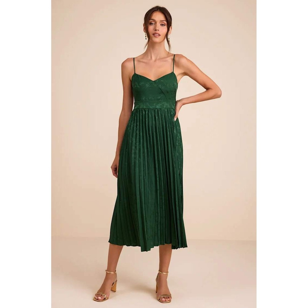 Lulus Regal Romance Pleated Midi Dress Small Green Floral Jacquard Hoco Cocktail